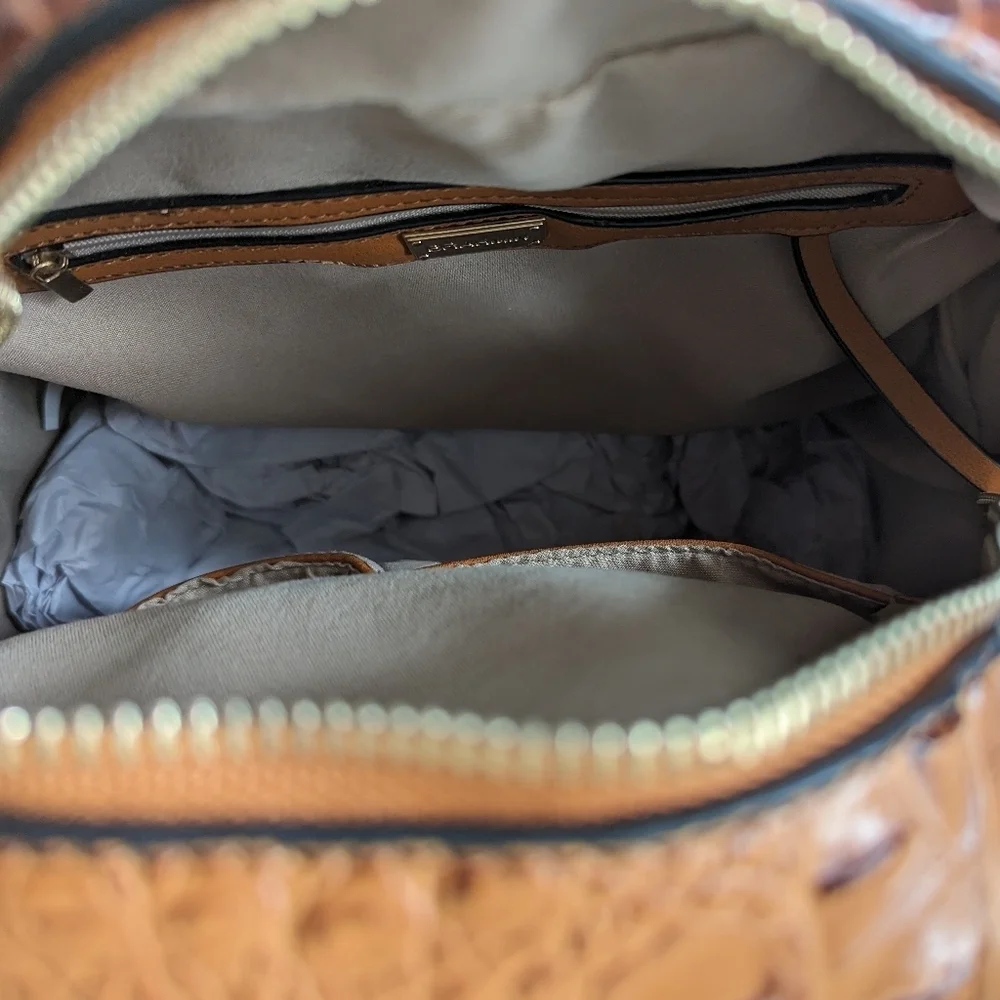 Faux Alligator Leather Dome Zip Top Backpack 5 Pockets Top Handle Amber Brown